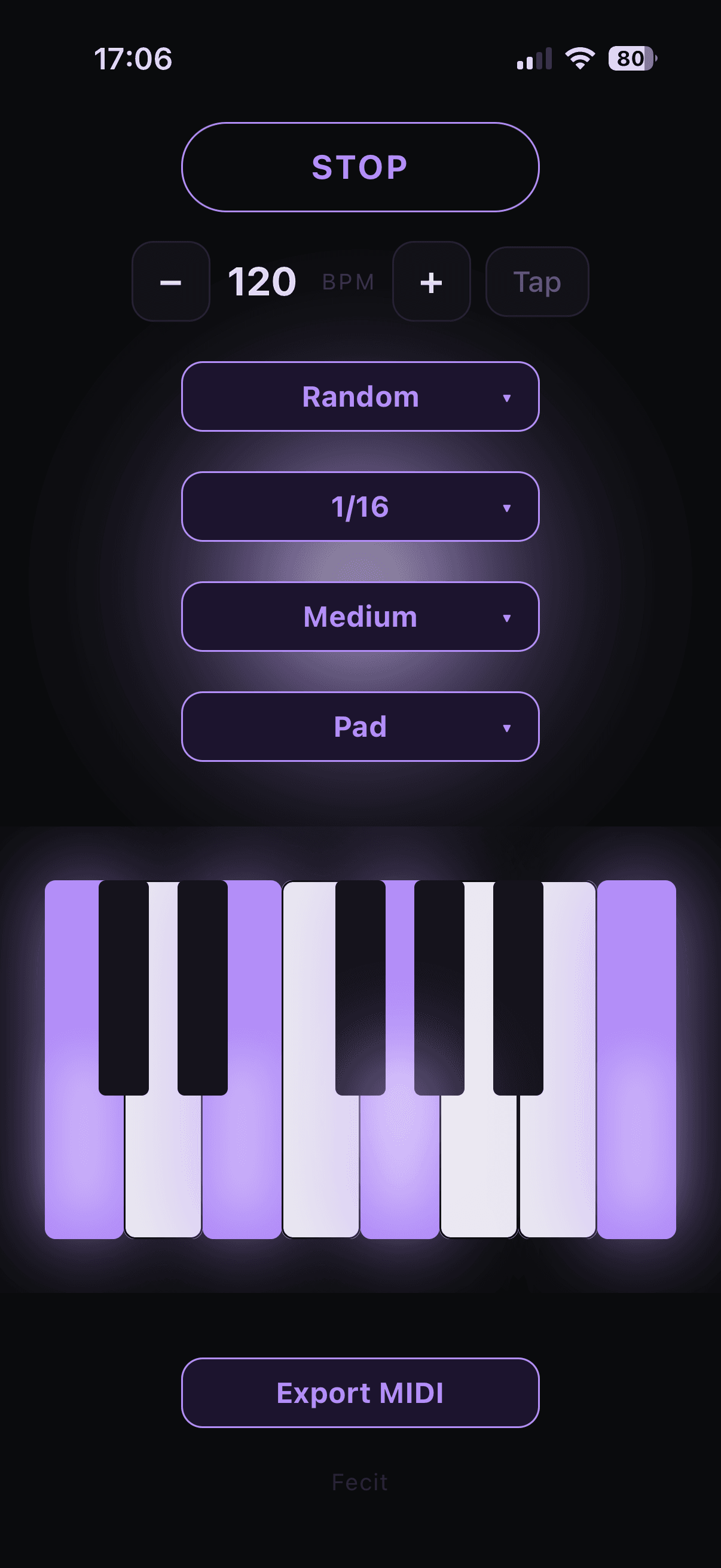 The Arp app: a one-octave keyboard glowing violet, with pattern, rate, gate and voice selectors, BPM with tap tempo, and one-tap MIDI export.